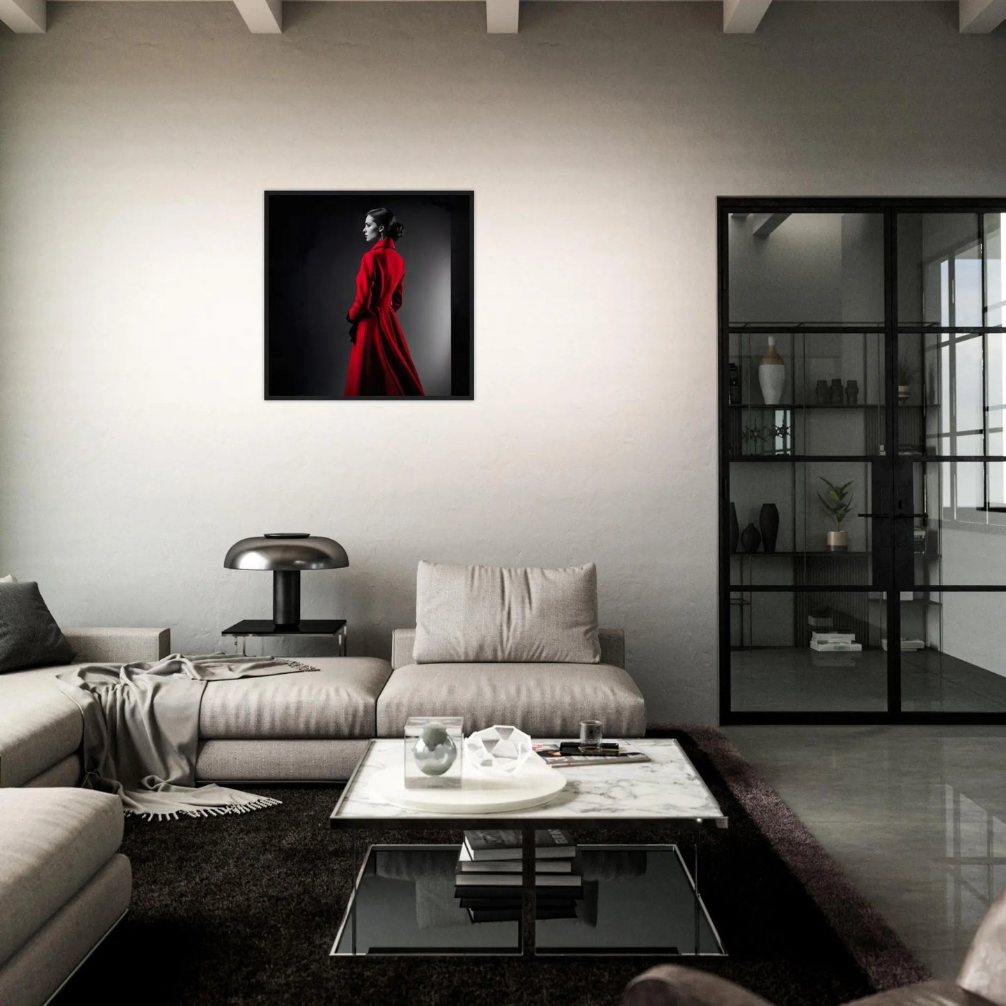 Gerahmtes Premium-Poster - Frau im roten Mantel - Schwarz-Weiß, KI-Kunst - RolConArt, Schwarz-Weiß mit Akzentfarben, 