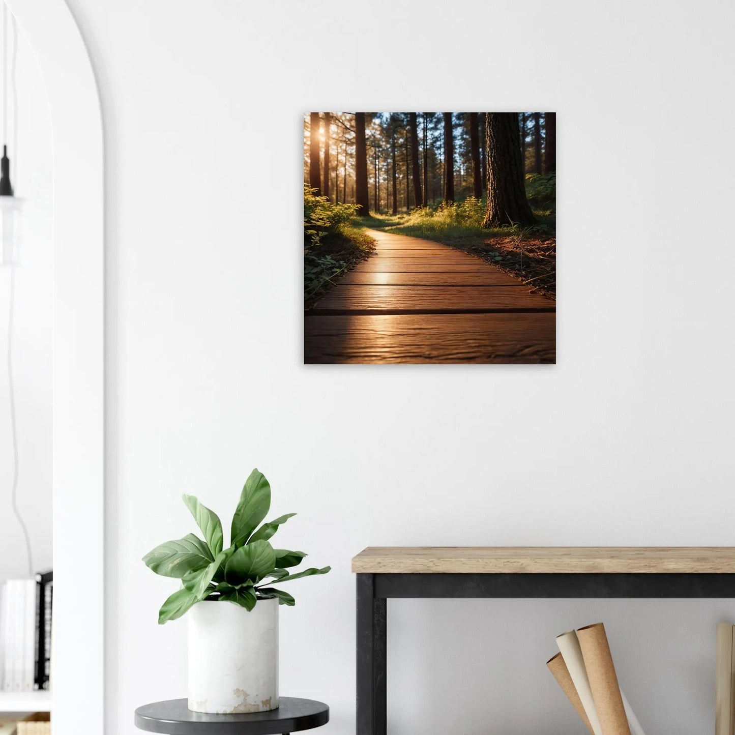 Moderner Forex-Druck - Holzweg im Wald - Foto Stil, KI-Kunst - RolConArt, Landschaften, 60x60-cm-24x24-Weiß