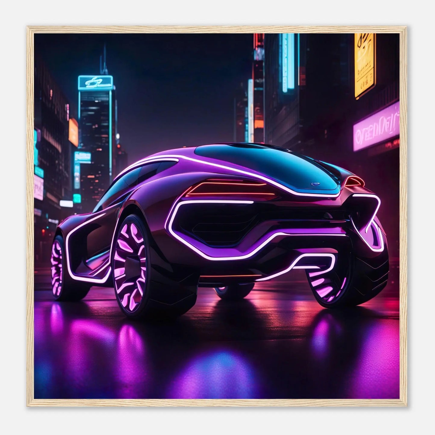 Gerahmtes Premium-Poster -Futuristisches Fahrzeug- Neon Stil, KI-Kunst - RolConArt, Neon, 70x70-cm-28x28-Holzrahmen