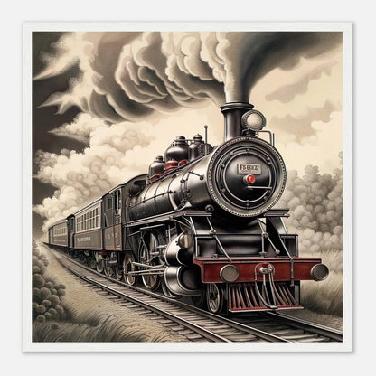 Gerahmtes Premium-Poster - Dampflokomotive - Schwarz-Weiß, KI-Kunst - RolConArt, Schwarz-Weiß mit Akzentfarben, 50x50-cm-20x20-Weißer-Rahmen