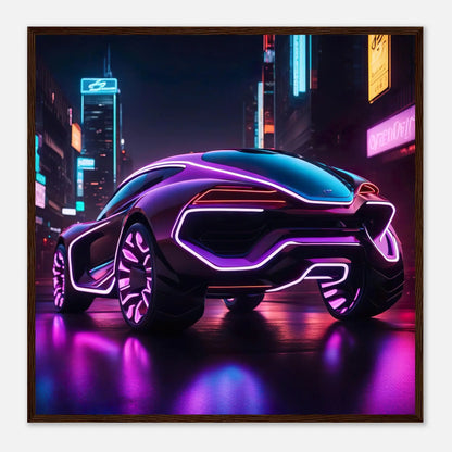 Gerahmtes Premium-Poster -Futuristisches Fahrzeug- Neon Stil, KI-Kunst - RolConArt, Neon, 70x70-cm-28x28-Dunkler-Holzrahmen