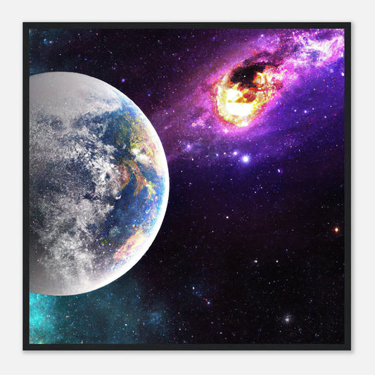 Gerahmtes Premium-Poster - Planet und Komet - Digitaler Stil, KI-Kunst - RolConArt, Sci-Fi, 70x70-cm-28x28-Schwarz