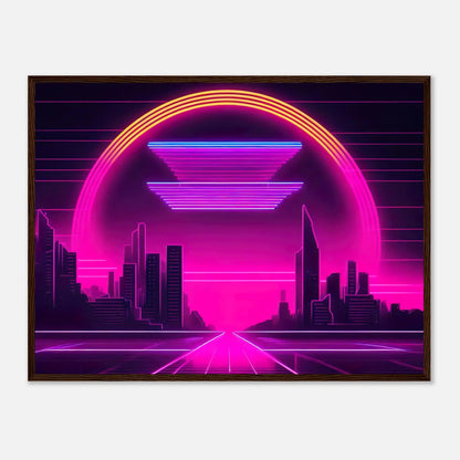 Gerahmtes Premium-Poster - Stadtlandschaft - Neon Stil, KI-Kunst - RolConArt, Neon, 60x80-cm-24x32-Dunkler-Holzrahmen