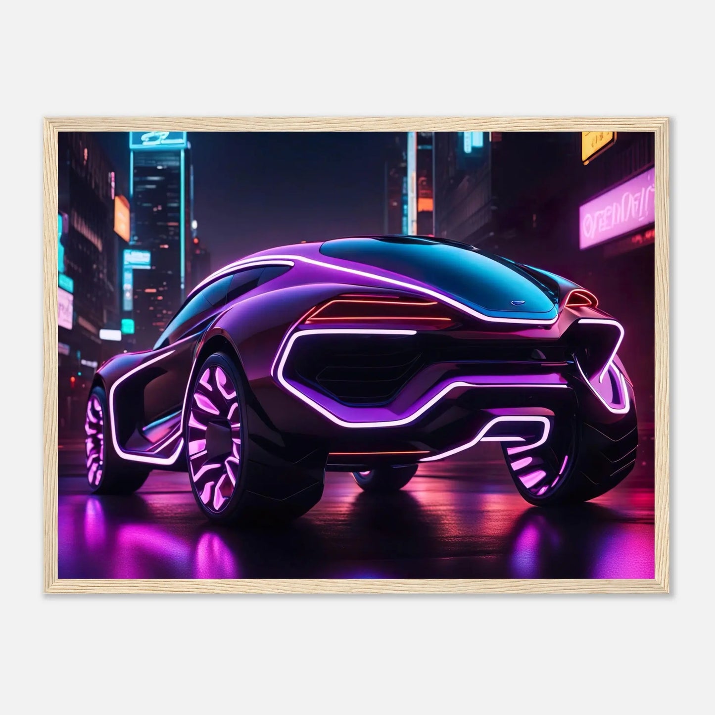 Gerahmtes Premium-Poster -Futuristisches Fahrzeug- Neon Stil, KI-Kunst - RolConArt, Neon, 45x60-cm-18x24-Holzrahmen