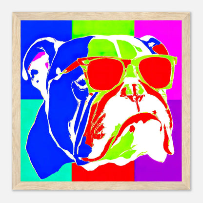 Gerahmtes Premium-Poster - Englische Bulldogge - Pop Art Stil, KI-Kunst - RolConArt, Pop Art - Tiere, 30x30-cm-12x12-Holz