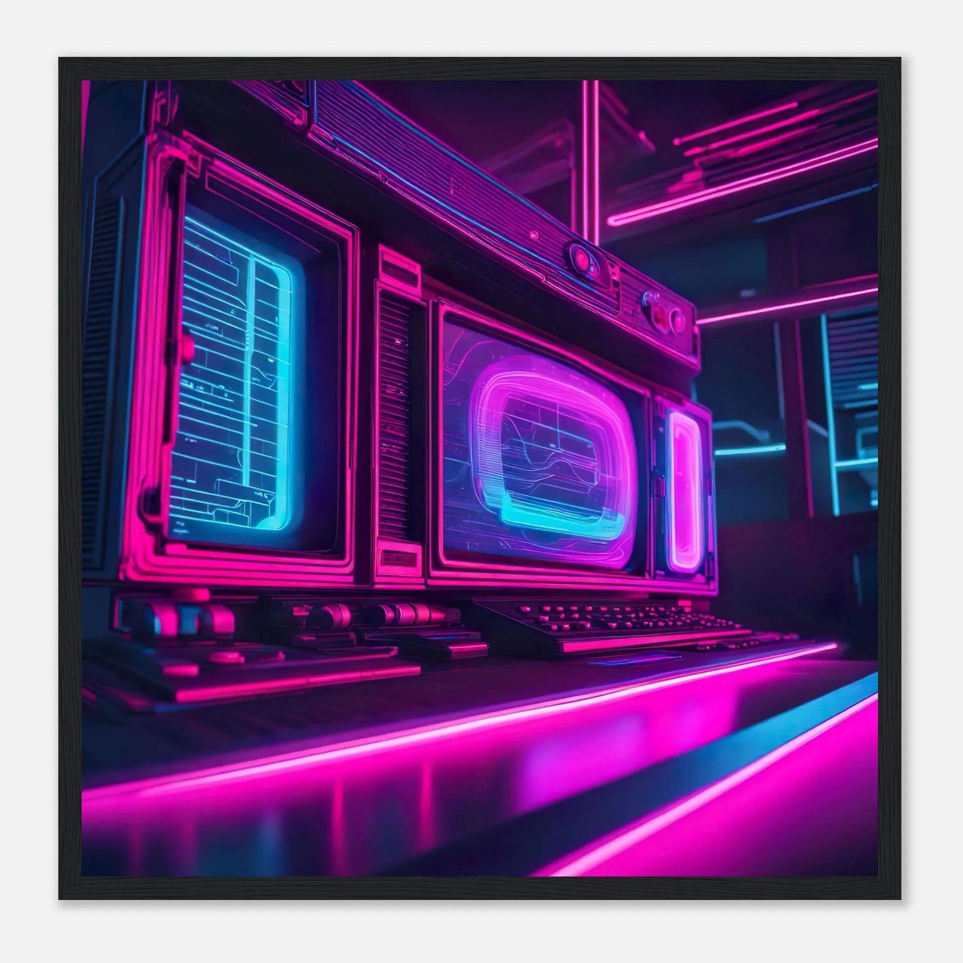 Gerahmtes Premium-Poster - Retro Computer - Neon Stil, KI-Kunst - RolConArt, Neon, 50x50-cm-20x20-Schwarzer-Rahmen