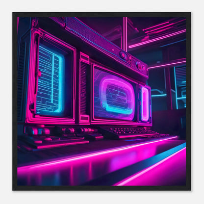 Gerahmtes Premium-Poster - Retro Computer - Neon Stil, KI-Kunst - RolConArt, Neon, 50x50-cm-20x20-Schwarzer-Rahmen