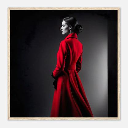 Gerahmtes Premium-Poster - Frau im roten Mantel - Schwarz-Weiß, KI-Kunst - RolConArt, Schwarz-Weiß mit Akzentfarben, 70x70-cm-28x28-Holzrahmen