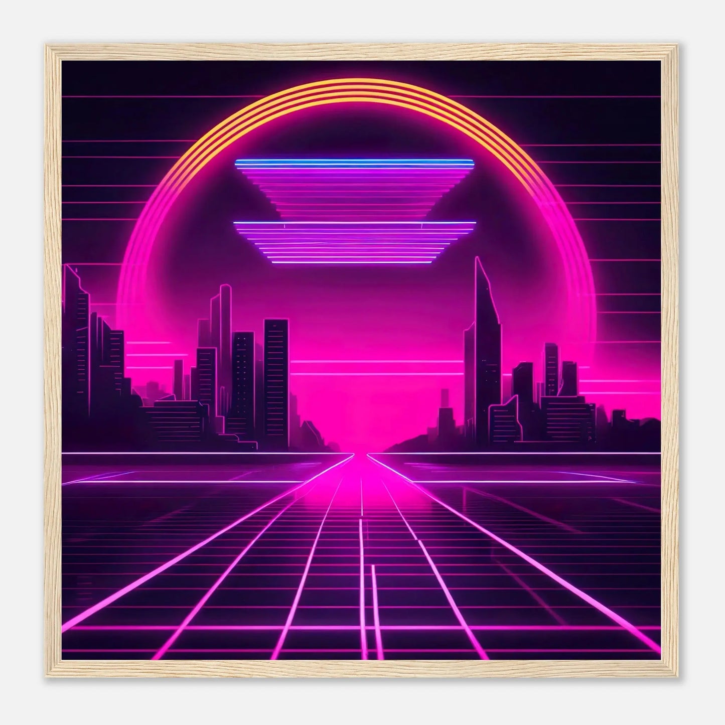 Gerahmtes Premium-Poster - Stadtlandschaft - Neon Stil, KI-Kunst - RolConArt, Neon, 50x50-cm-20x20-Holzrahmen