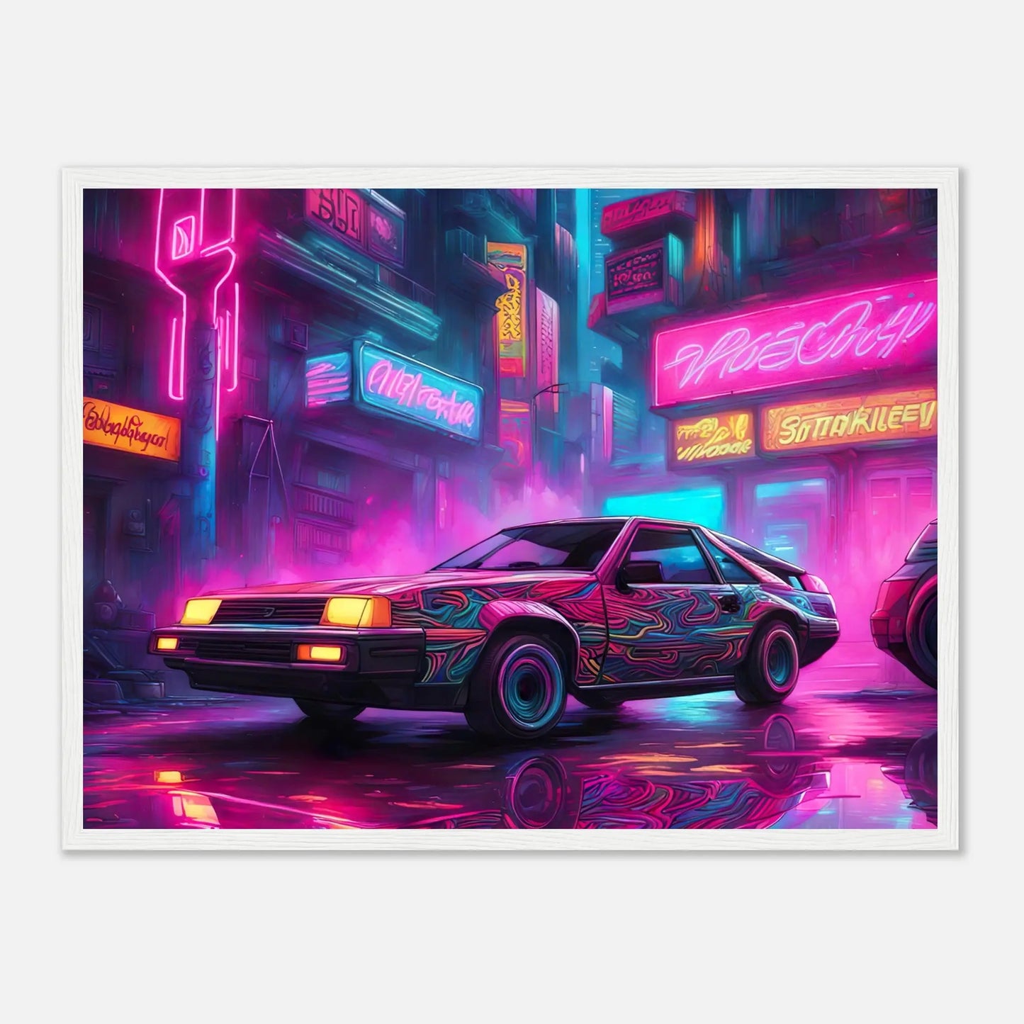 Gerahmtes Premium-Poster - Retro Auto - Neon Stil, KI-Kunst - RolConArt, Neon, 45x60-cm-18x24-Weißer-Rahmen