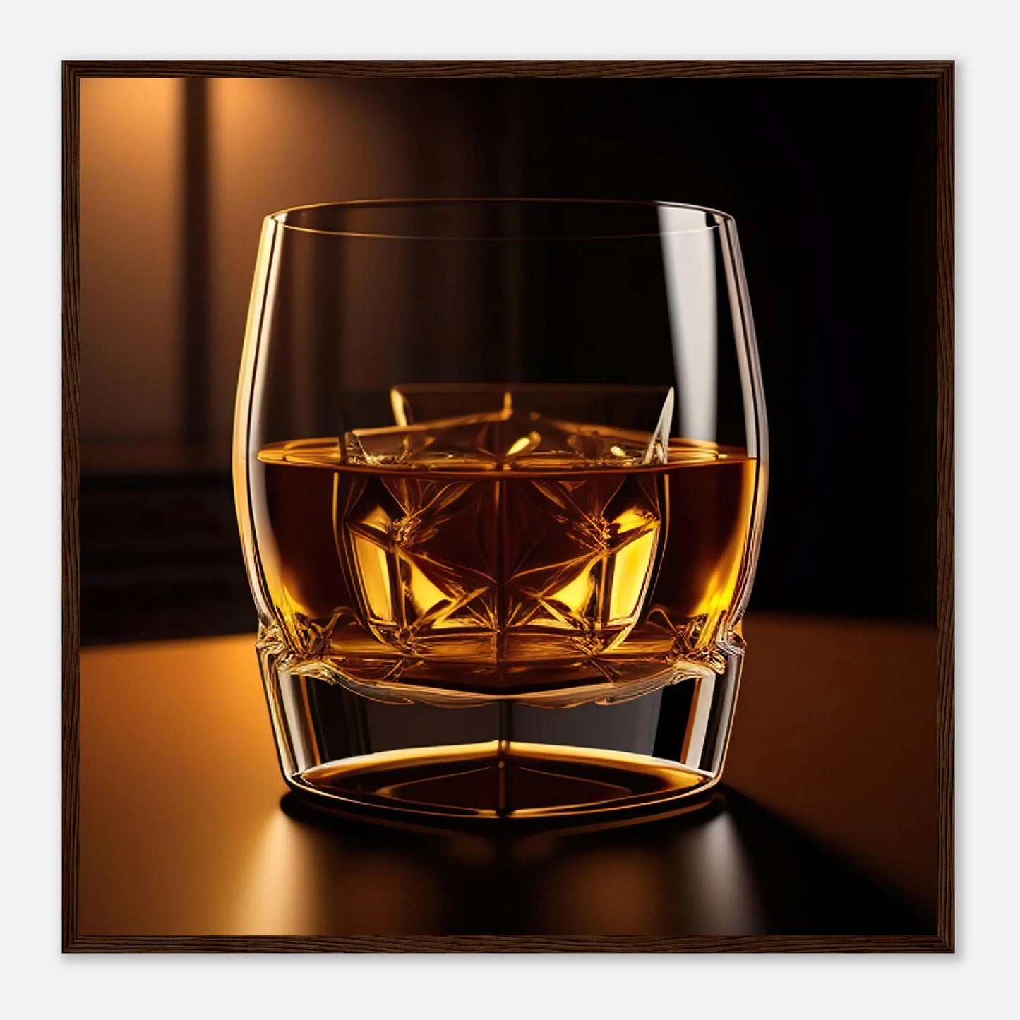 Gerahmtes Premium-Poster - Whiskey im Glas - Foto Stil, KI-Kunst - RolConArt, Kreative Vielfalt, 70x70-cm-28x28-Dunkler-Holzrahmen