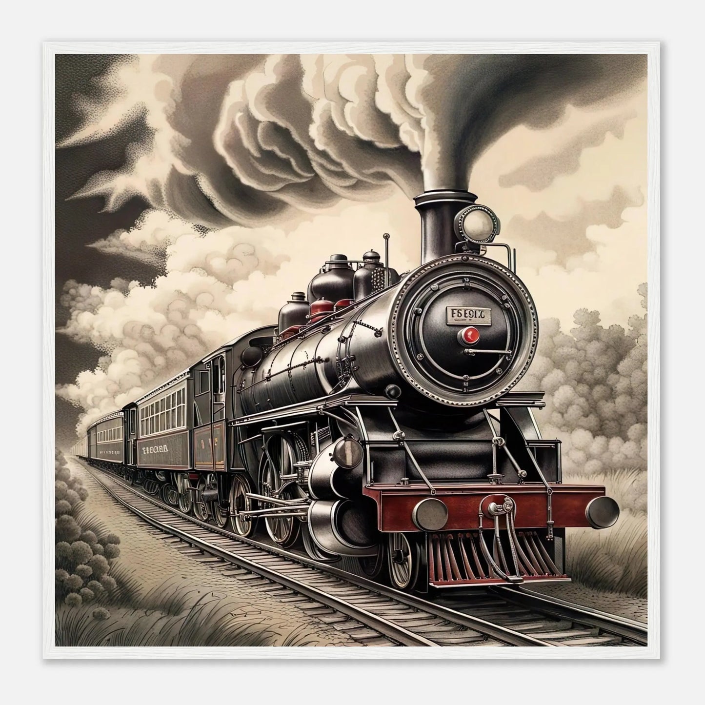 Gerahmtes Premium-Poster - Dampflokomotive - Schwarz-Weiß, KI-Kunst - RolConArt, Schwarz-Weiß mit Akzentfarben, 70x70-cm-28x28-Weißer-Rahmen