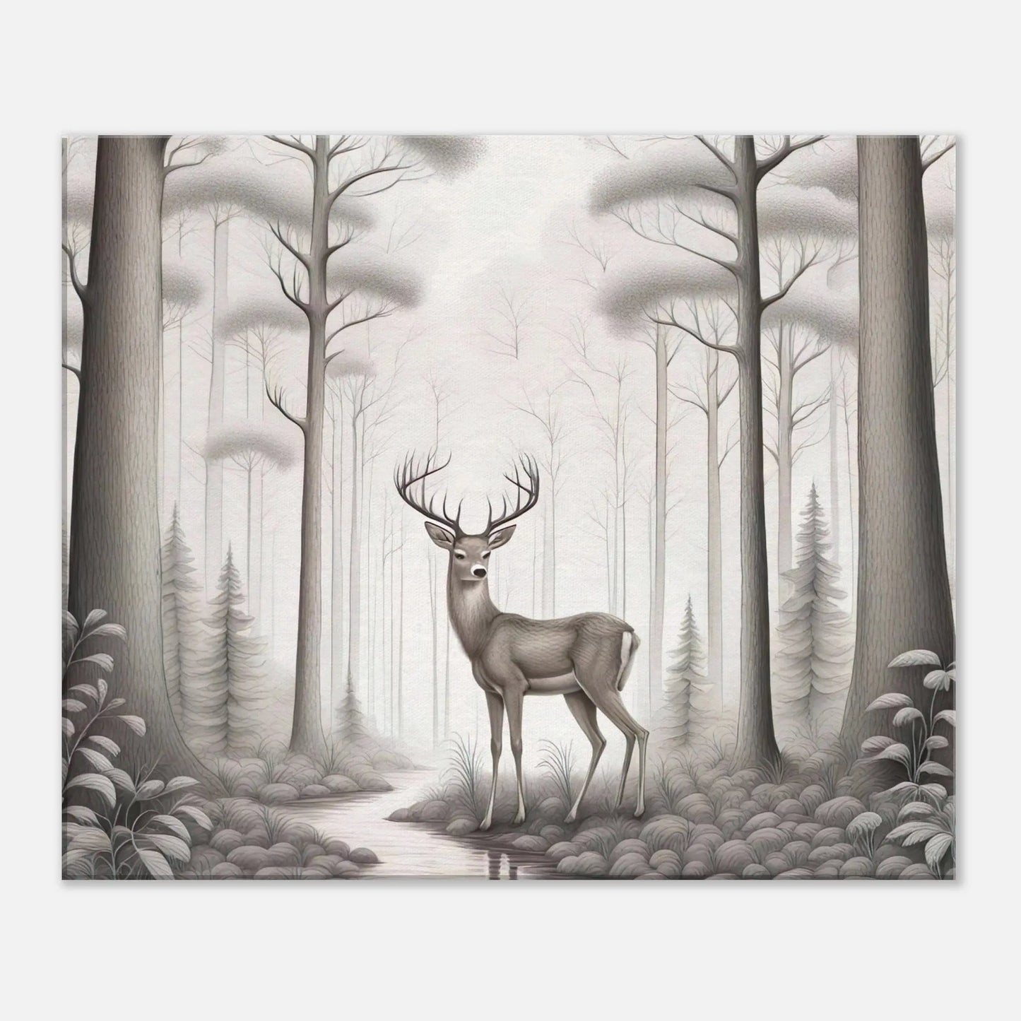 Leinwandbild - Hirsch im Wald - Schwarz-Weiß, Bleistift Stil, KI-Kunst - RolConArt, Schwarz-Weiß, 50x60-cm-20x24