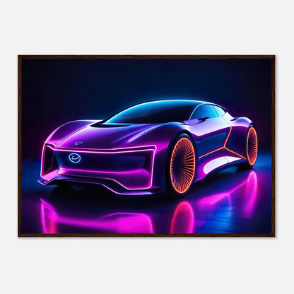 Gerahmtes Premium-Poster -Futuristisches Fahrzeug- Neon Stil, KI-Kunst - RolConArt, Neon, 70x100-cm-28x40-Dunkler-Holzrahmen