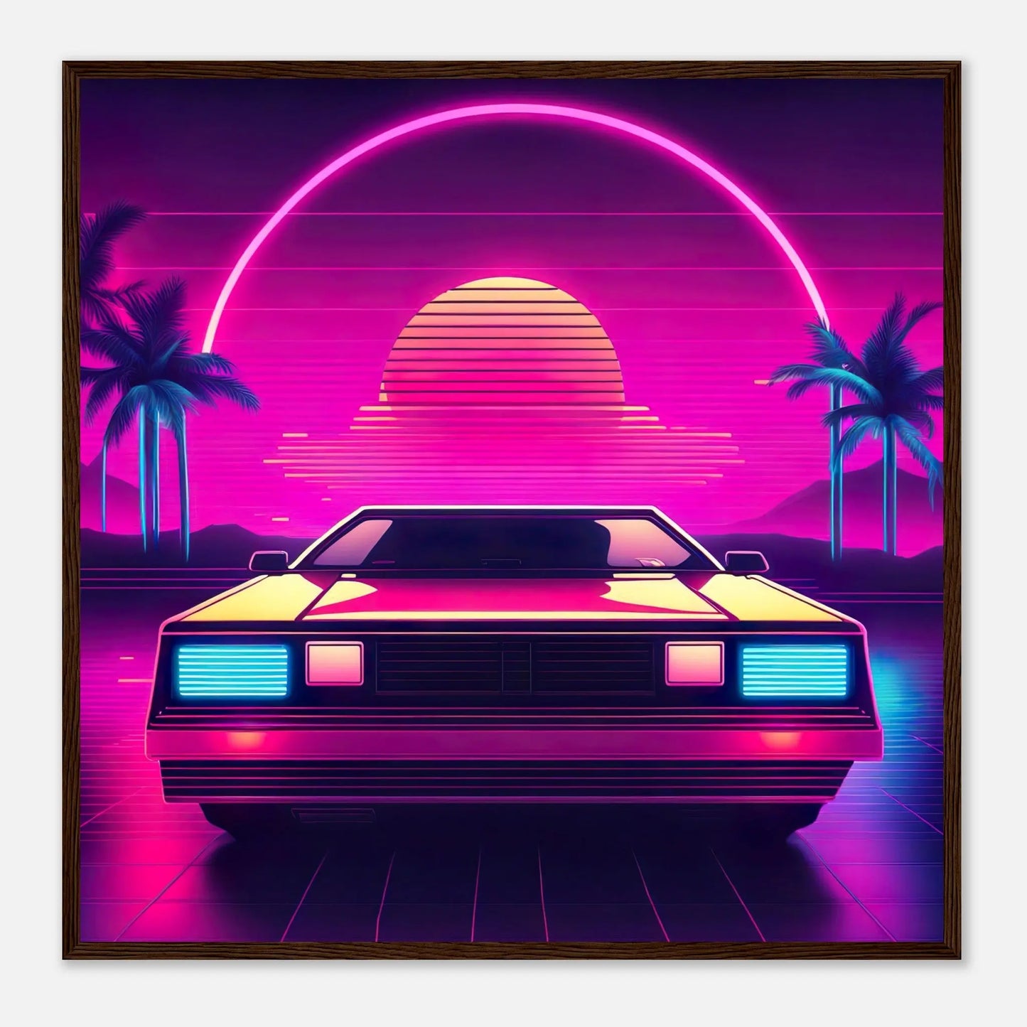 Gerahmtes Premium-Poster - Retro Auto - Neon Stil, KI-Kunst - RolConArt, Neon, 70x70-cm-28x28-Dunkler-Holzrahmen