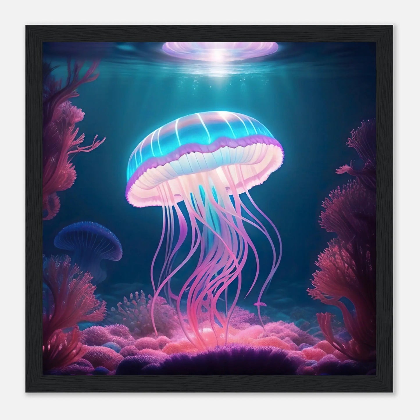 Gerahmtes Premium-Poster - Qualle - Digitaler Stil, KI-Kunst - RolConArt, Unterwasserlandschaften, 30x30-cm-12x12-Schwarzer-Rahmen