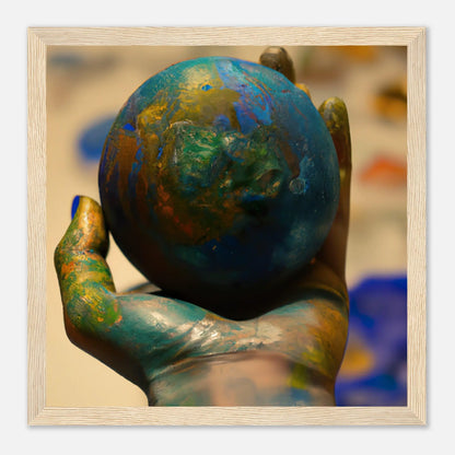 Gerahmtes Premium-Poster - Planet in der Hand - Foto Stil, KI-Kunst - RolConArt, Fotokunst - Kreative Vielfalt, 30x30-cm-12x12-Holz