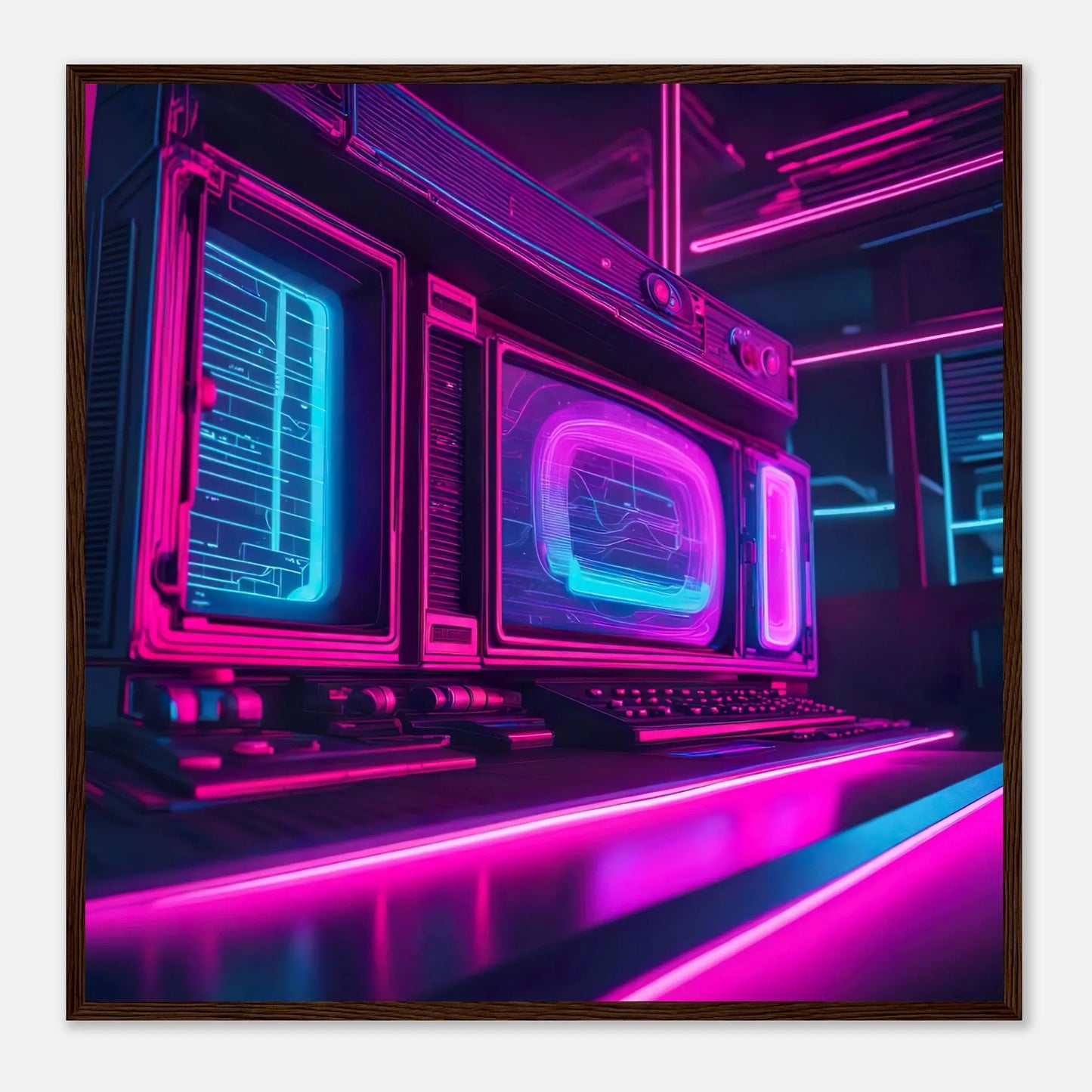 Gerahmtes Premium-Poster - Retro Computer - Neon Stil, KI-Kunst - RolConArt, Neon, 70x70-cm-28x28-Dunkler-Holzrahmen