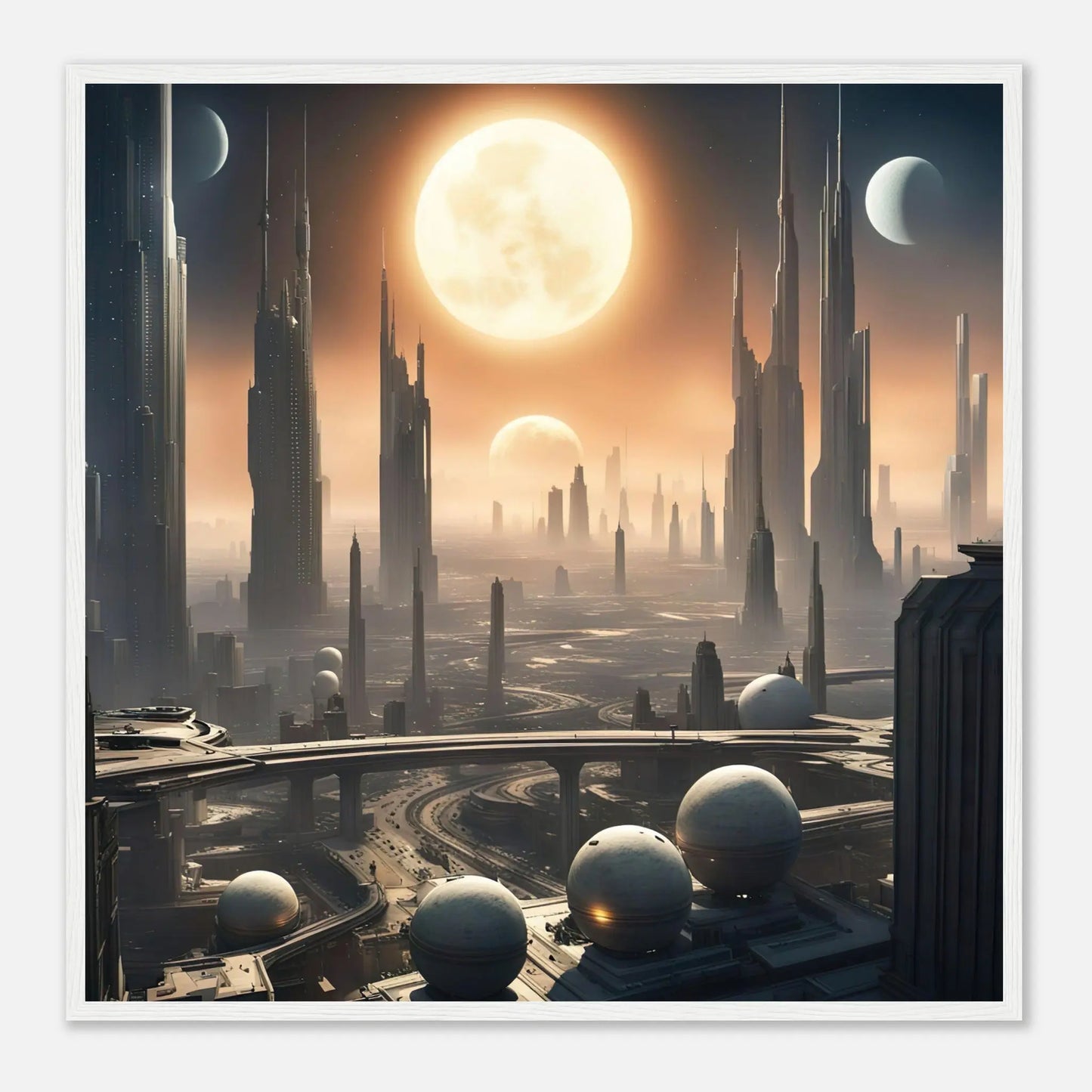 Gerahmtes Premium-Poster -Futuristische Welt- Digitaler Stil, KI-Kunst - RolConArt, Sci-Fi, 70x70-cm-28x28-Weißer-Rahmen