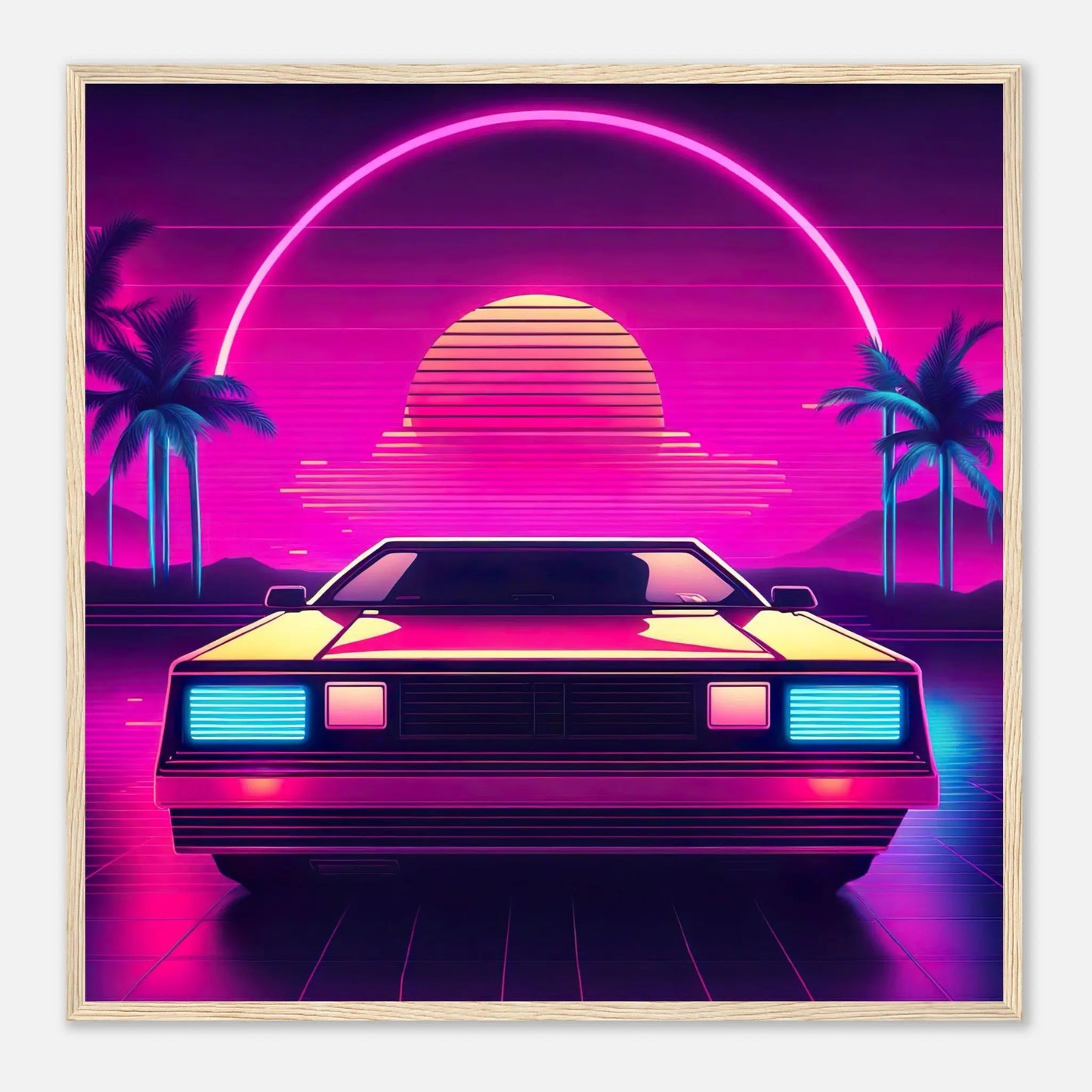 Gerahmtes Premium-Poster - Retro Auto - Neon Stil, KI-Kunst - RolConArt, Neon, 70x70-cm-28x28-Holzrahmen