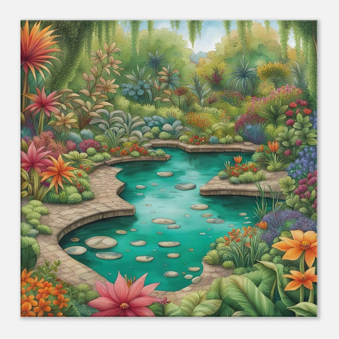 Leinwandbild - Garten mit Teich - Malerischer Stil, KI-Kunst - RolConArt, Landschaften, 60x60-cm-24x24