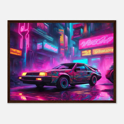 Gerahmtes Premium-Poster - Retro Auto - Neon Stil, KI-Kunst - RolConArt, Neon, 45x60-cm-18x24-Dunkler-Holzrahmen