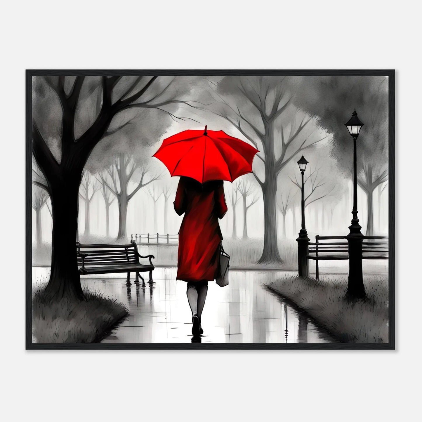 Gerahmtes Premium-Poster - Frau im Park - Schwarz-Weiß, KI-Kunst - RolConArt, Schwarz-Weiß mit Akzentfarben, 60x80-cm-24x32-Schwarzer-Rahmen