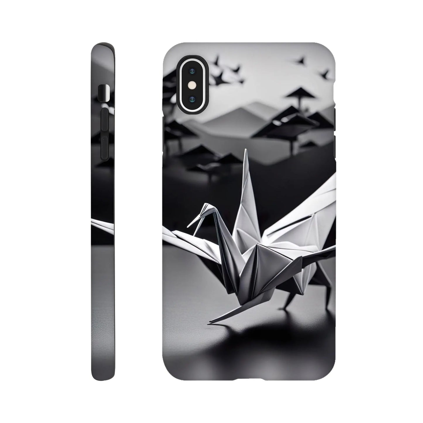 Smartphone-Hülle "Hart" - Vogel - Schwarz-Weiß Origami Stil, KI-Kunst RolConArt, Schwarz-Weiß, iPhone-XS-Max