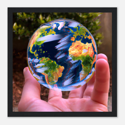 Gerahmtes Premium-Poster - Planet in der Hand - Foto Stil, KI-Kunst - RolConArt, Fotokunst - Kreative Vielfalt, 30x30-cm-12x12-Schwarz