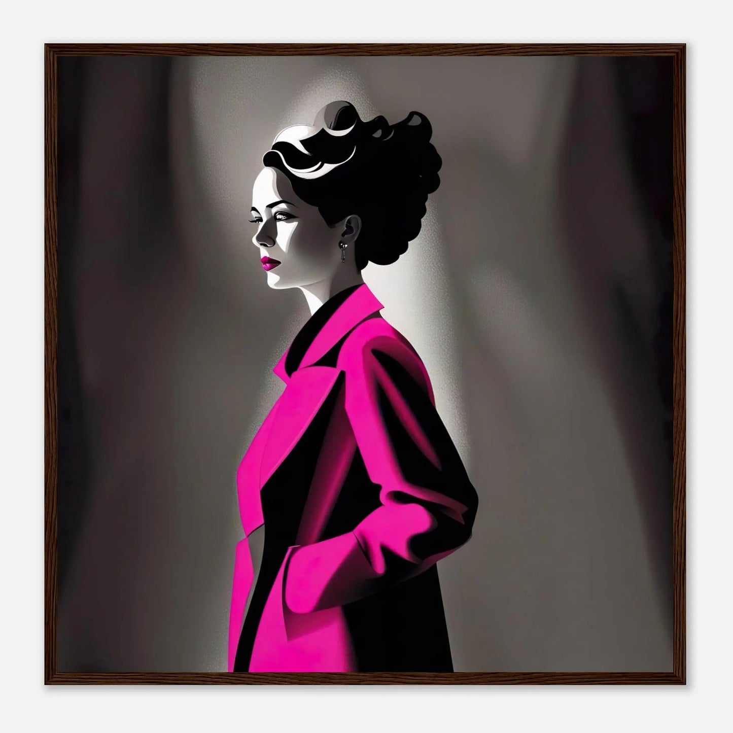 Gerahmtes Premium-Poster - Frau im rosa Mantel - Schwarz-Weiß, KI-Kunst - RolConArt, Schwarz-Weiß mit Akzentfarben, 70x70-cm-28x28-Dunkler-Holzrahmen