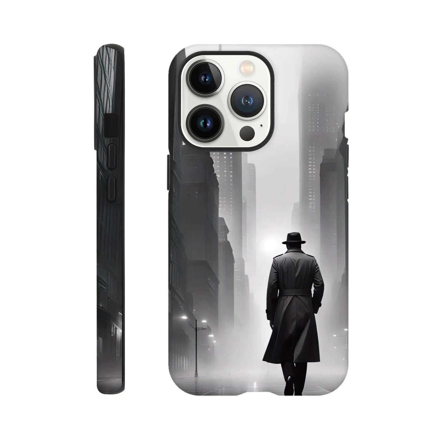 Smartphone-Hülle "Hart" - Stadtgänger - Schwarz-Weiß Stil, KI-Kunst RolConArt, Schwarz-Weiß, iPhone-13-Pro