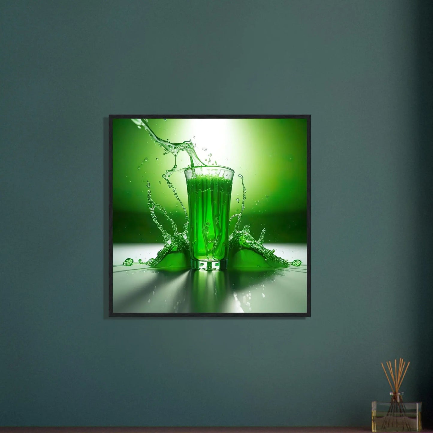 Gerahmtes Premium-Poster - Glas mit grünem Trank - Foto Stil, KI-Kunst - RolConArt, Kreative Vielfalt, 