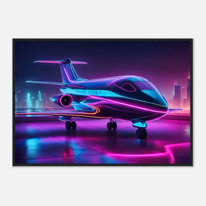 Gerahmtes Premium-Poster -Futuristisches Flugzeug- Neon Stil, KI-Kunst - RolConArt, Neon, 70x100-cm-28x40-Schwarzer-Rahmen