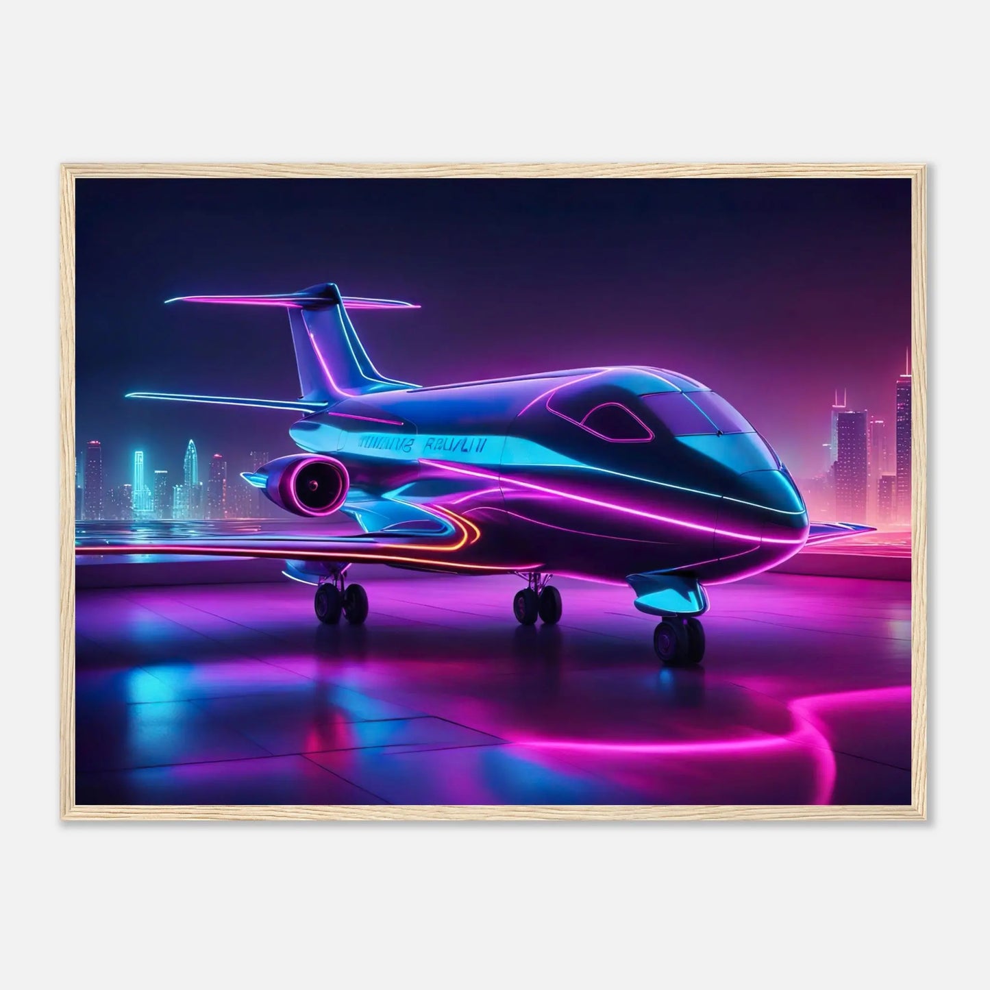 Gerahmtes Premium-Poster -Futuristisches Flugzeug- Neon Stil, KI-Kunst - RolConArt, Neon, 60x80-cm-24x32-Holzrahmen
