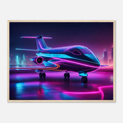 Gerahmtes Premium-Poster -Futuristisches Flugzeug- Neon Stil, KI-Kunst - RolConArt, Neon, 60x80-cm-24x32-Holzrahmen
