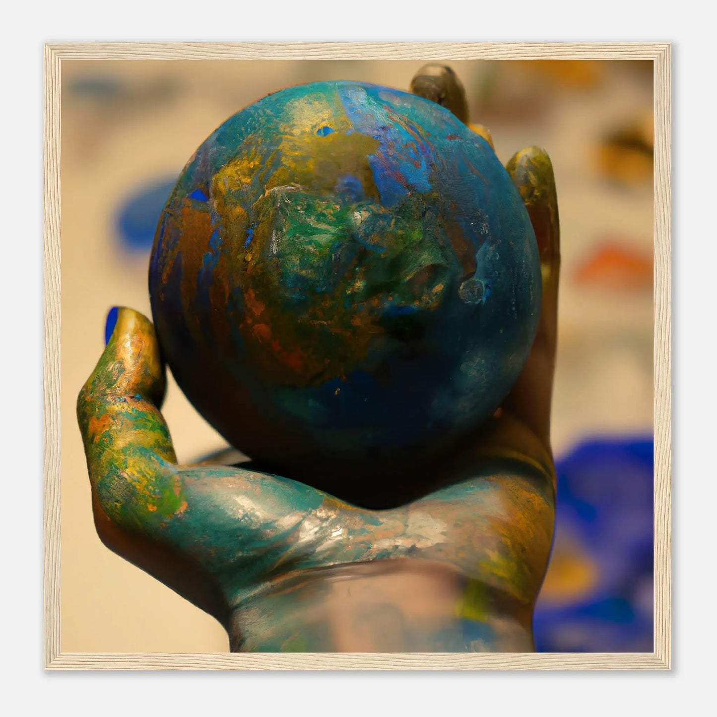 Gerahmtes Premium-Poster - Planet in der Hand - Foto Stil, KI-Kunst - RolConArt, Fotokunst - Kreative Vielfalt, 50x50-cm-20x20-Holz