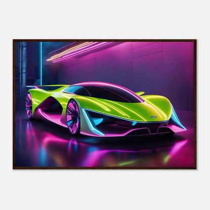 Gerahmtes Premium-Poster -Futuristisches Fahrzeug- Neon Stil, KI-Kunst - RolConArt, Neon, 70x100-cm-28x40-Dunkler-Holzrahmen