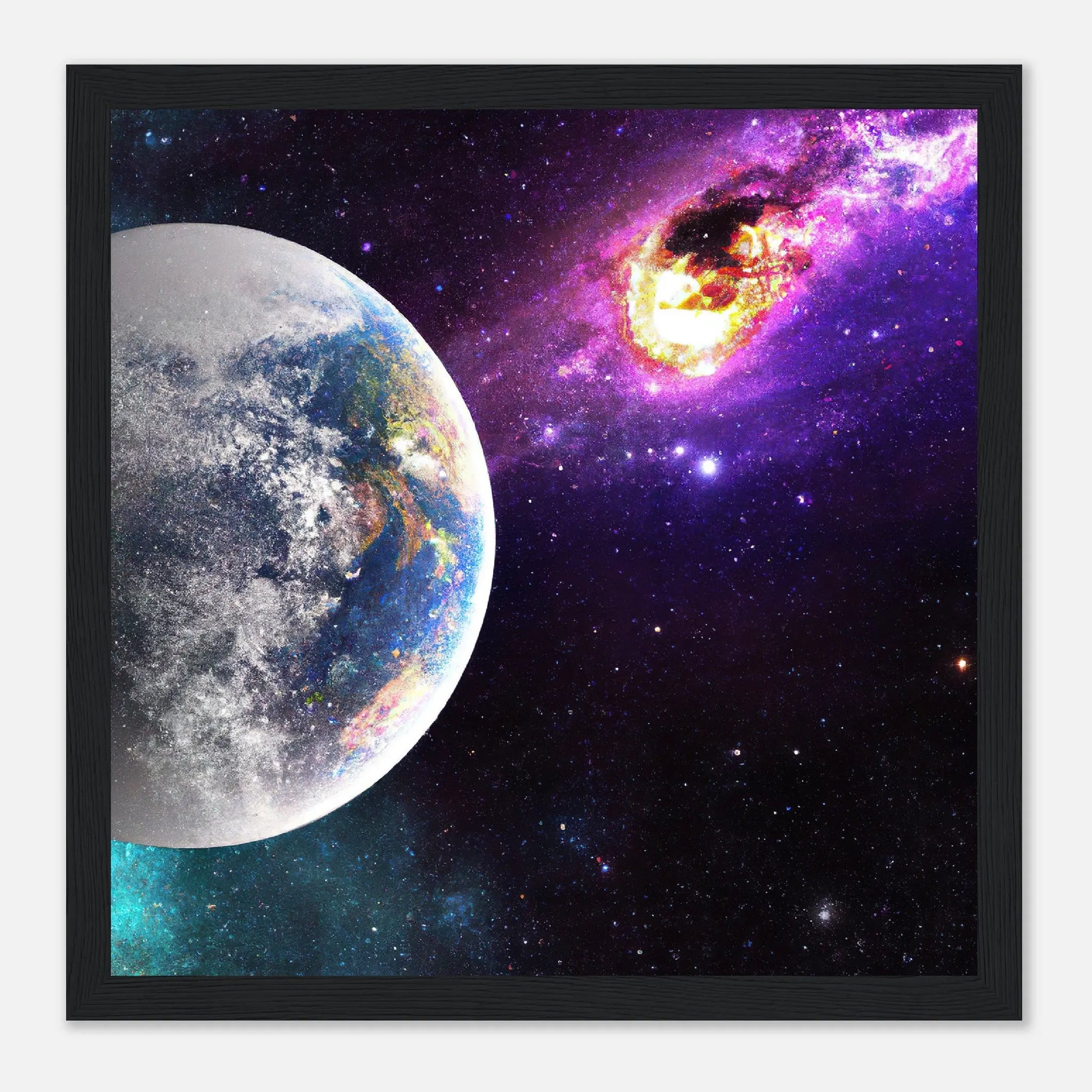 Gerahmtes Premium-Poster - Planet und Komet - Digitaler Stil, KI-Kunst - RolConArt, Sci-Fi, 30x30-cm-12x12-Schwarz