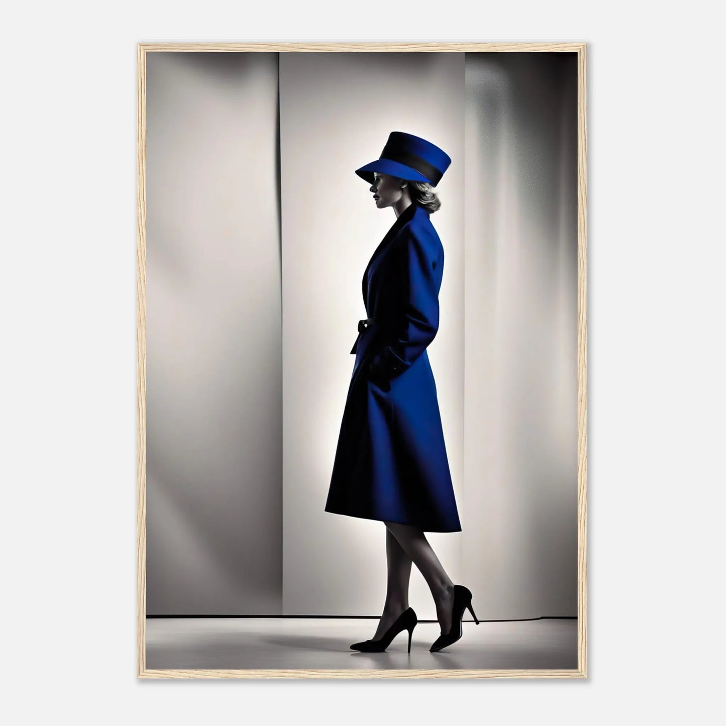 Gerahmtes Premium-Poster - Frau im blauen Mantel - Schwarz-Weiß, KI-Kunst - RolConArt, Schwarz-Weiß mit Akzentfarben, 70x100-cm-28x40-Holzrahmen