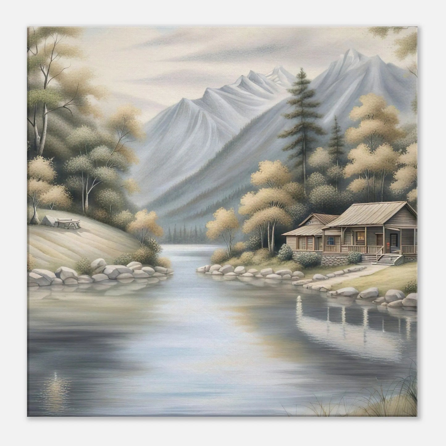 Leinwandbild - Landschaft mit See - Malerischer Stil, KI-Kunst - RolConArt, Landschaften, 60x60-cm-24x24