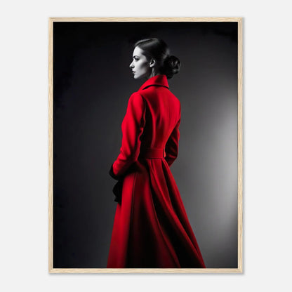 Gerahmtes Premium-Poster - Frau im roten Mantel - Schwarz-Weiß, KI-Kunst - RolConArt, Schwarz-Weiß mit Akzentfarben, 60x80-cm-24x32-Holzrahmen