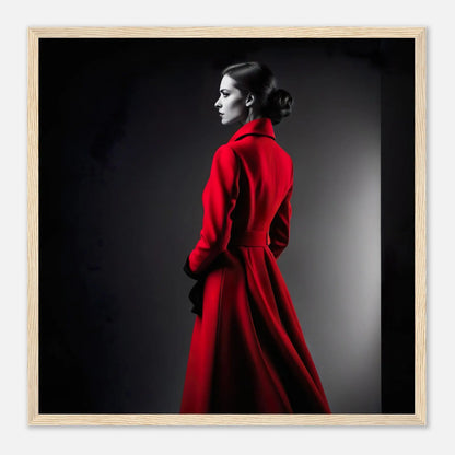 Gerahmtes Premium-Poster - Frau im roten Mantel - Schwarz-Weiß, KI-Kunst - RolConArt, Schwarz-Weiß mit Akzentfarben, 50x50-cm-20x20-Holzrahmen