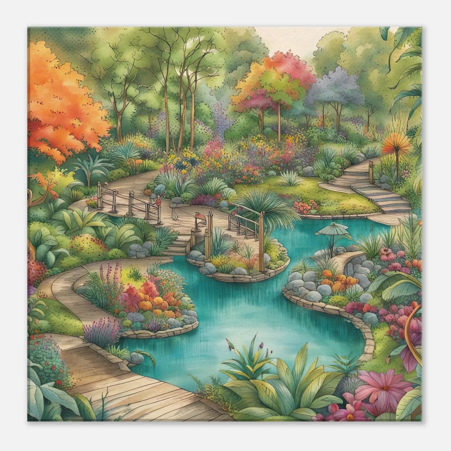 Leinwandbild - Garten mit Teich - Malerischer Stil, KI-Kunst - RolConArt, Landschaften, 50x50-cm-20x20