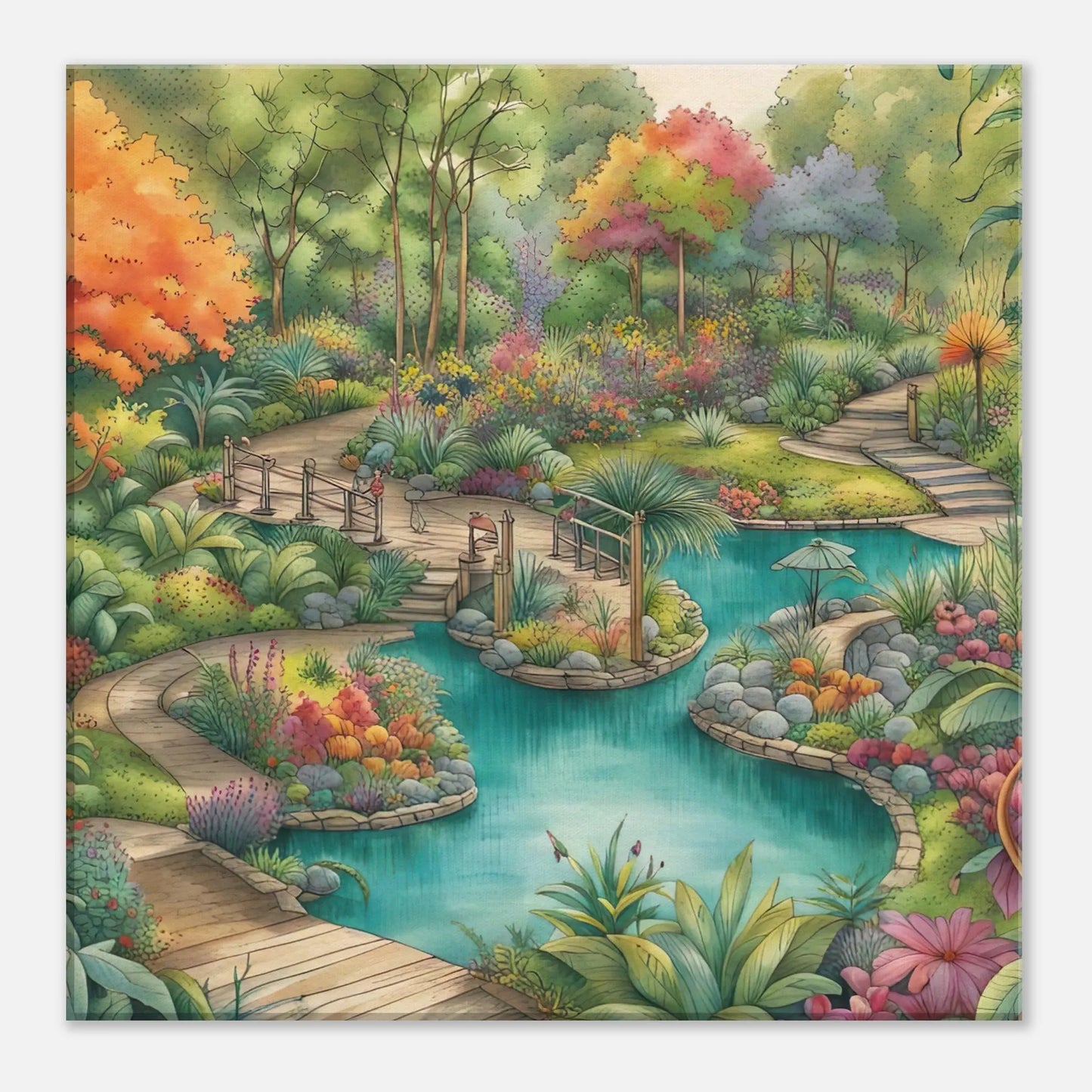 Leinwandbild - Garten mit Teich - Malerischer Stil, KI-Kunst - RolConArt, Landschaften, 40x40-cm-16x16
