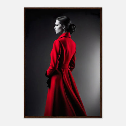 Gerahmtes Premium-Poster - Frau im roten Mantel - Schwarz-Weiß, KI-Kunst - RolConArt, Schwarz-Weiß mit Akzentfarben, 70x100-cm-28x40-Dunkler-Holzrahmen