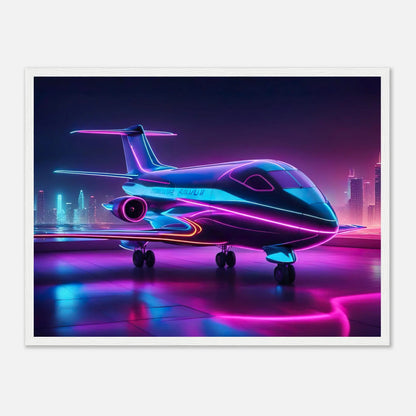 Gerahmtes Premium-Poster -Futuristisches Flugzeug- Neon Stil, KI-Kunst - RolConArt, Neon, 45x60-cm-18x24-Weißer-Rahmen