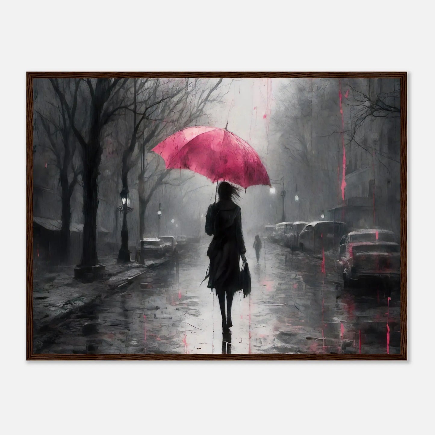 Gerahmtes Premium-Poster - Frau auf einer Straße - Schwarz-Weiß, KI-Kunst - RolConArt, Schwarz-Weiß mit Akzentfarben, 60x80-cm-24x32-Dunkler-Holzrahmen