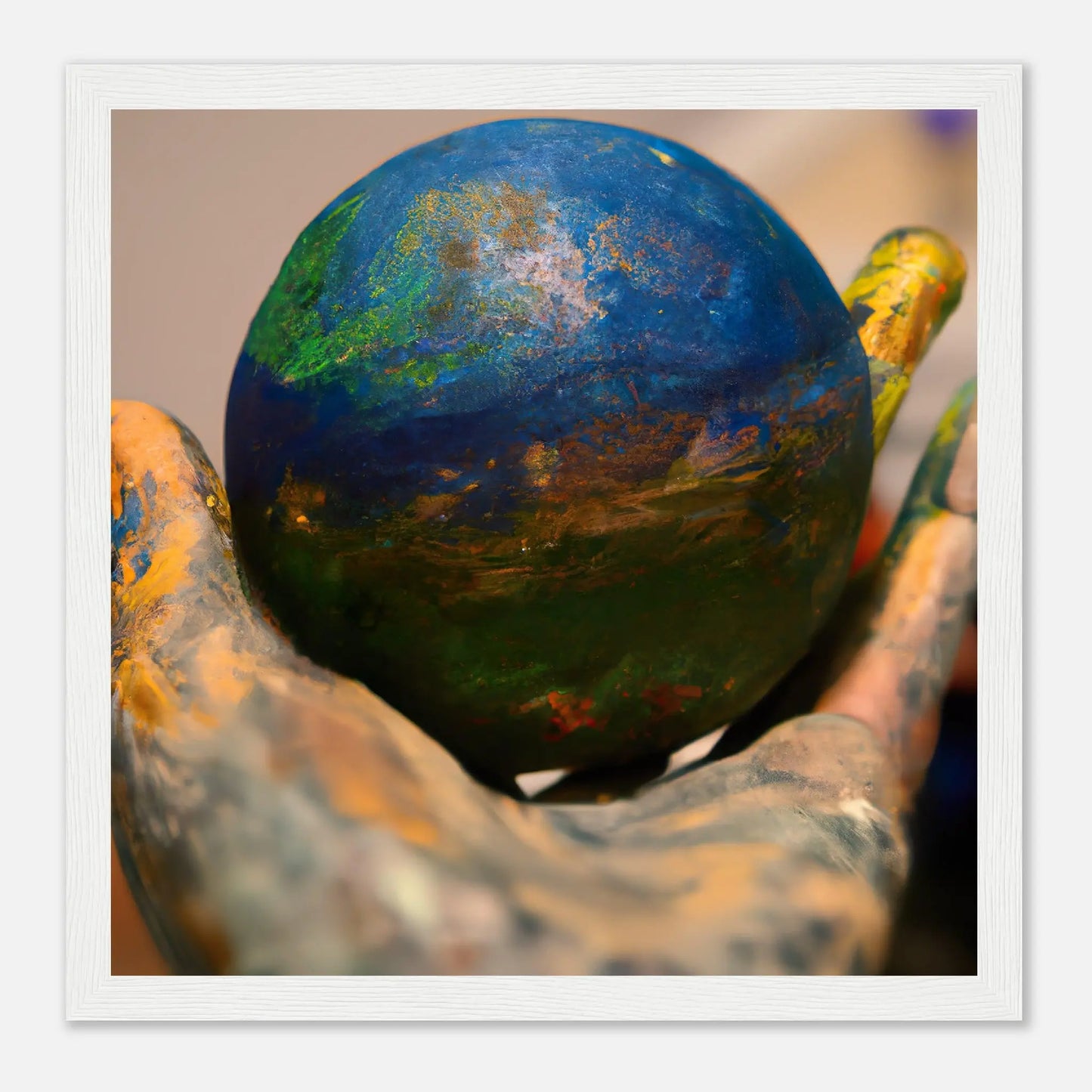 Gerahmtes Premium-Poster - Planet in der Hand - Foto Stil, KI-Kunst - RolConArt, Fotokunst - Kreative Vielfalt, 30x30-cm-12x12-Weiß