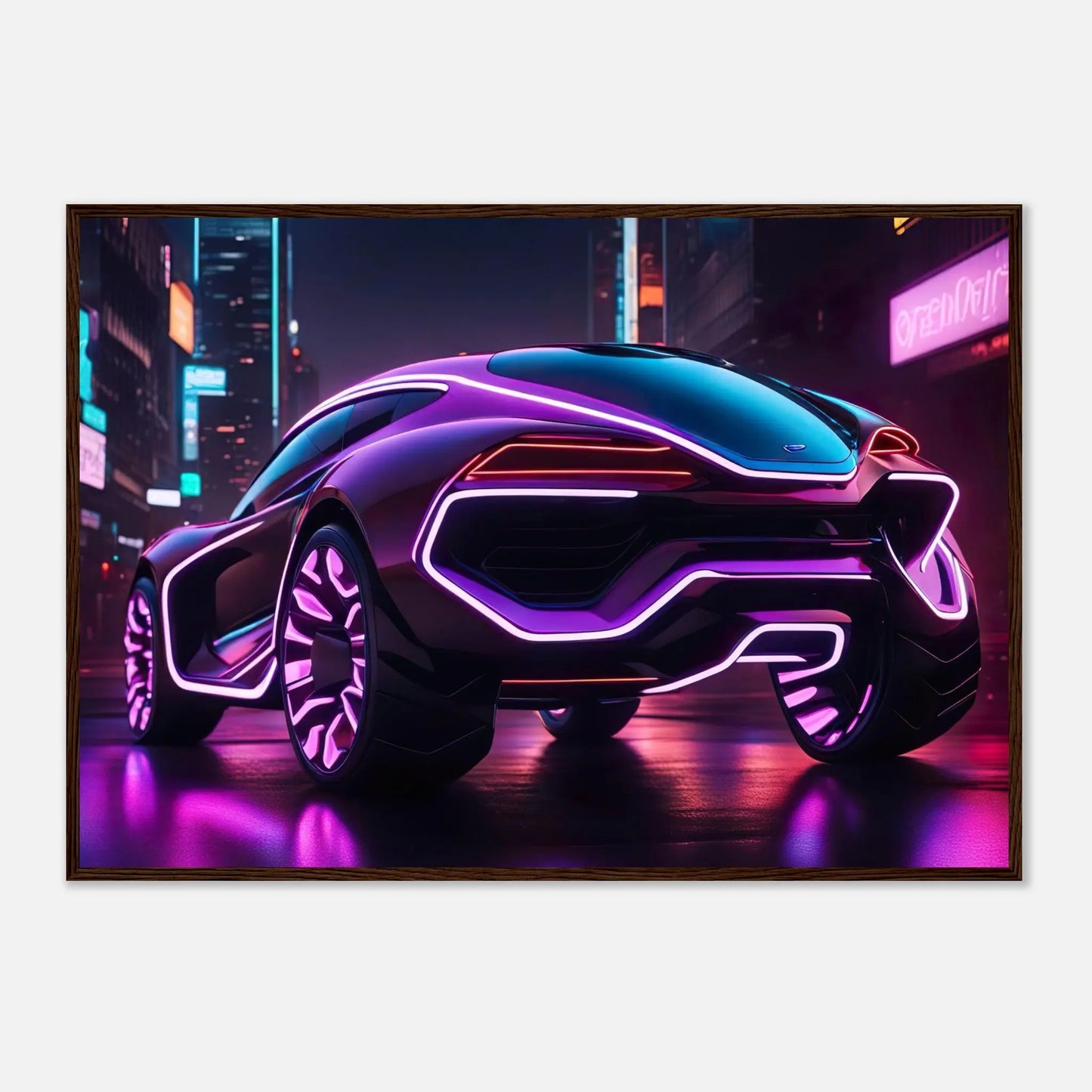 Gerahmtes Premium-Poster -Futuristisches Fahrzeug- Neon Stil, KI-Kunst - RolConArt, Neon, 70x100-cm-28x40-Dunkler-Holzrahmen