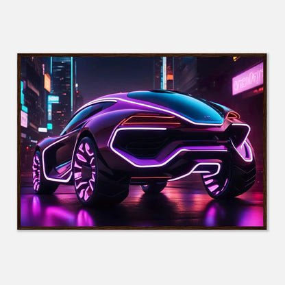 Gerahmtes Premium-Poster -Futuristisches Fahrzeug- Neon Stil, KI-Kunst - RolConArt, Neon, 70x100-cm-28x40-Dunkler-Holzrahmen